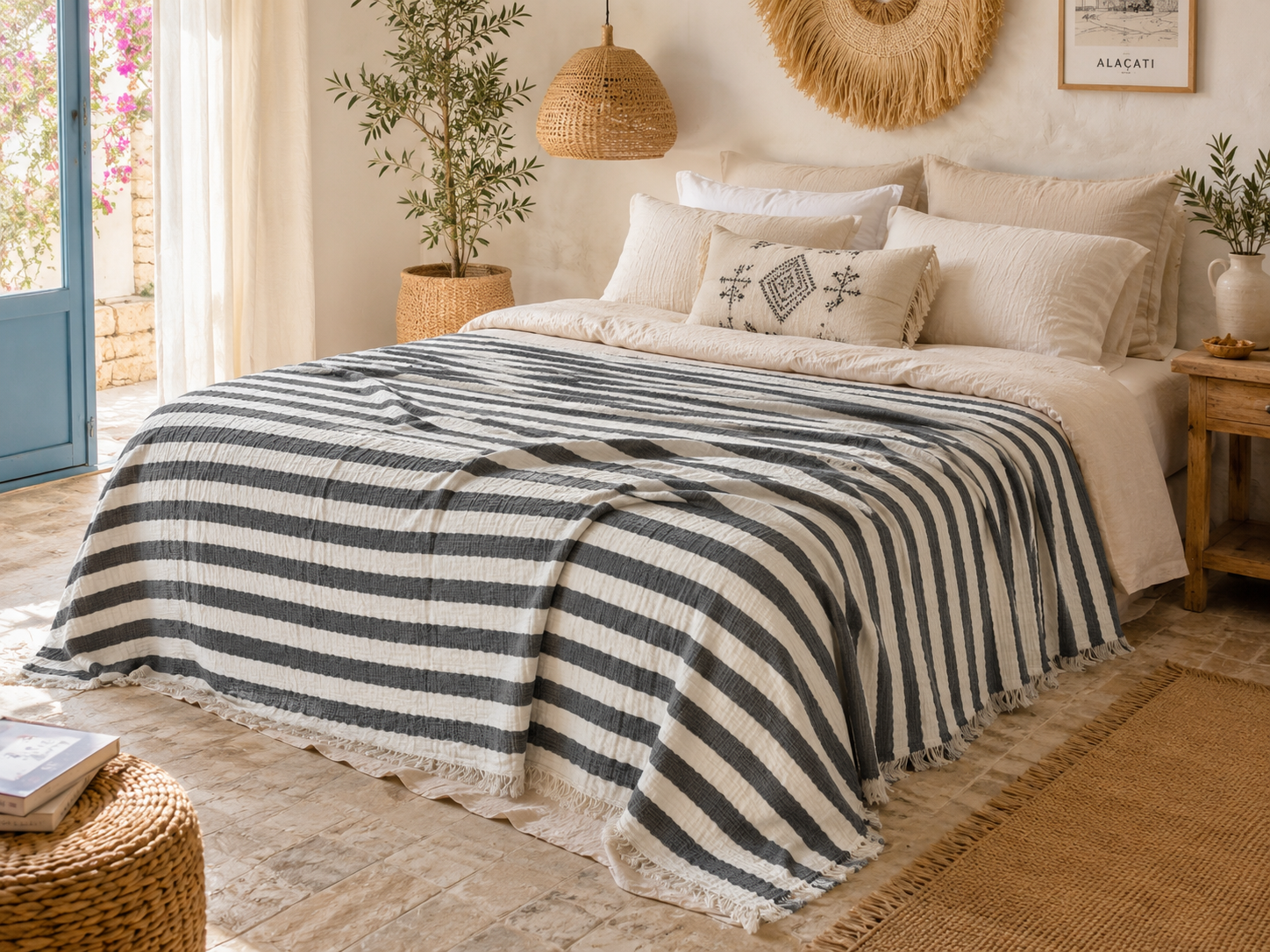 Sabia Daily %100 Pamuk Müslin Pike 4 Kat Çift Kişilik Pike & Yatak Örtüsü 230x250 cm - Antrasit Çizgili