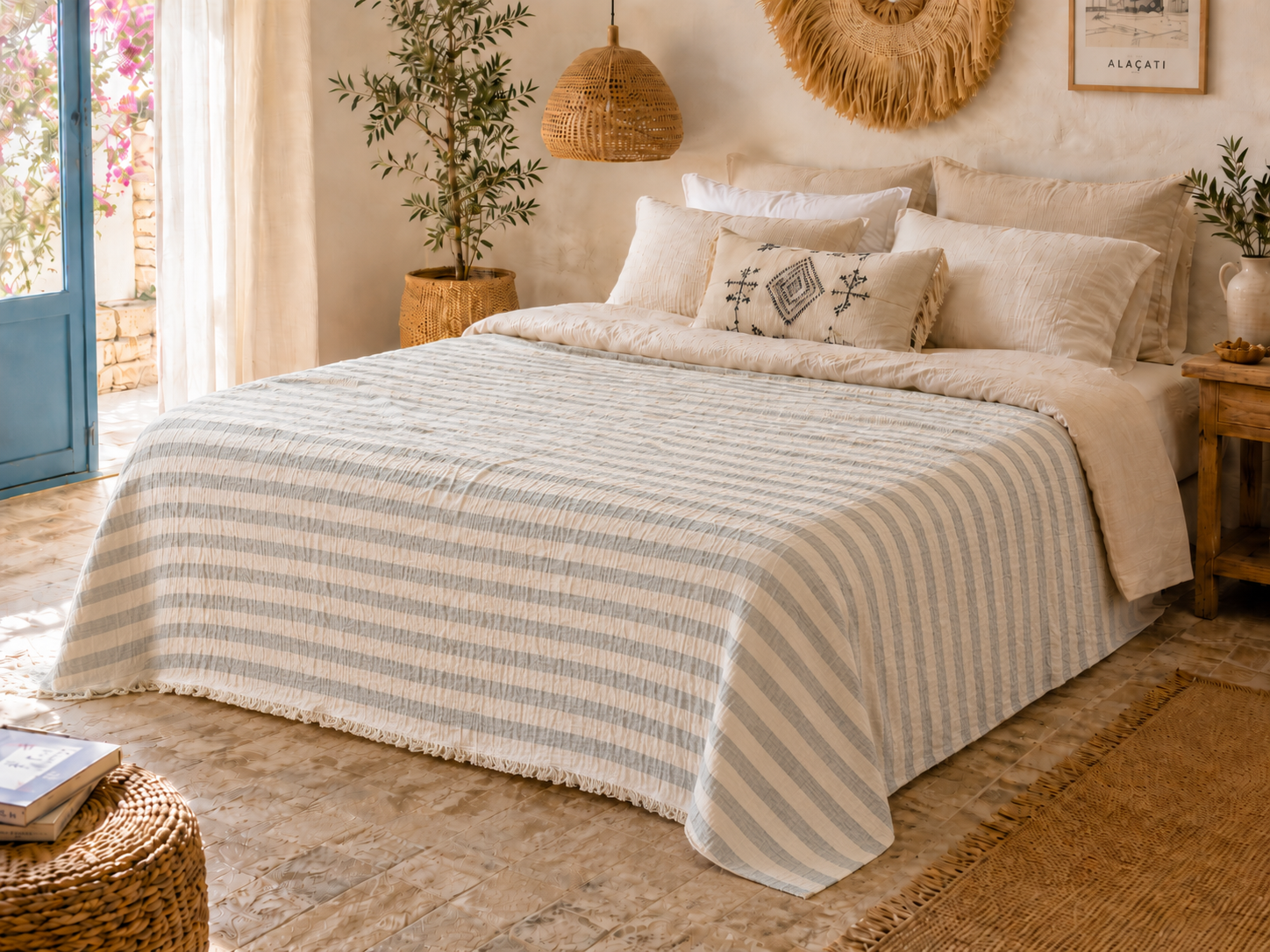 Sabia Daily %100 Pamuk Müslin Pike 4 Kat Çift Kişilik Pike & Yatak Örtüsü 230x250 cm - Gri Çizgili