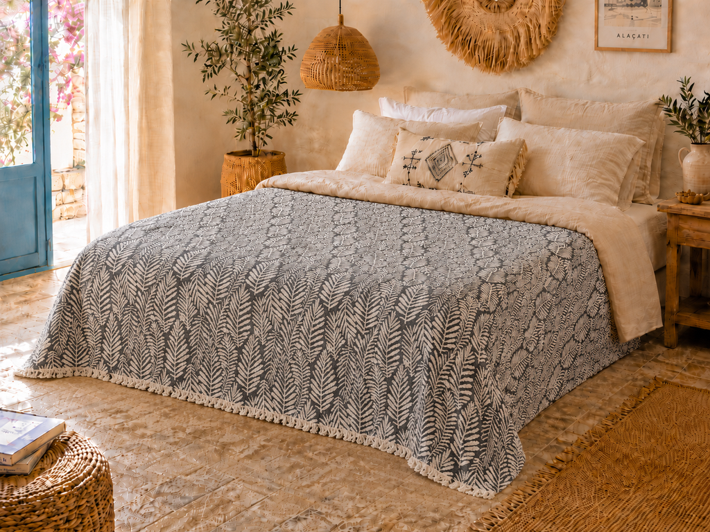 Sabia Daily %100 Pamuk Müslin Pike 4 Kat Çift Kişilik Pike & Yatak Örtüsü 230x250 cm - Jakarlı Antrasit Çift Taraflı