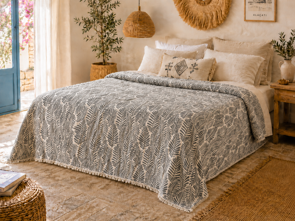 Sabia Daily %100 Pamuk Müslin Pike 4 Kat Çift Kişilik Pike & Yatak Örtüsü 230x250 cm - Jakarlı Antrasit Çift Taraflı