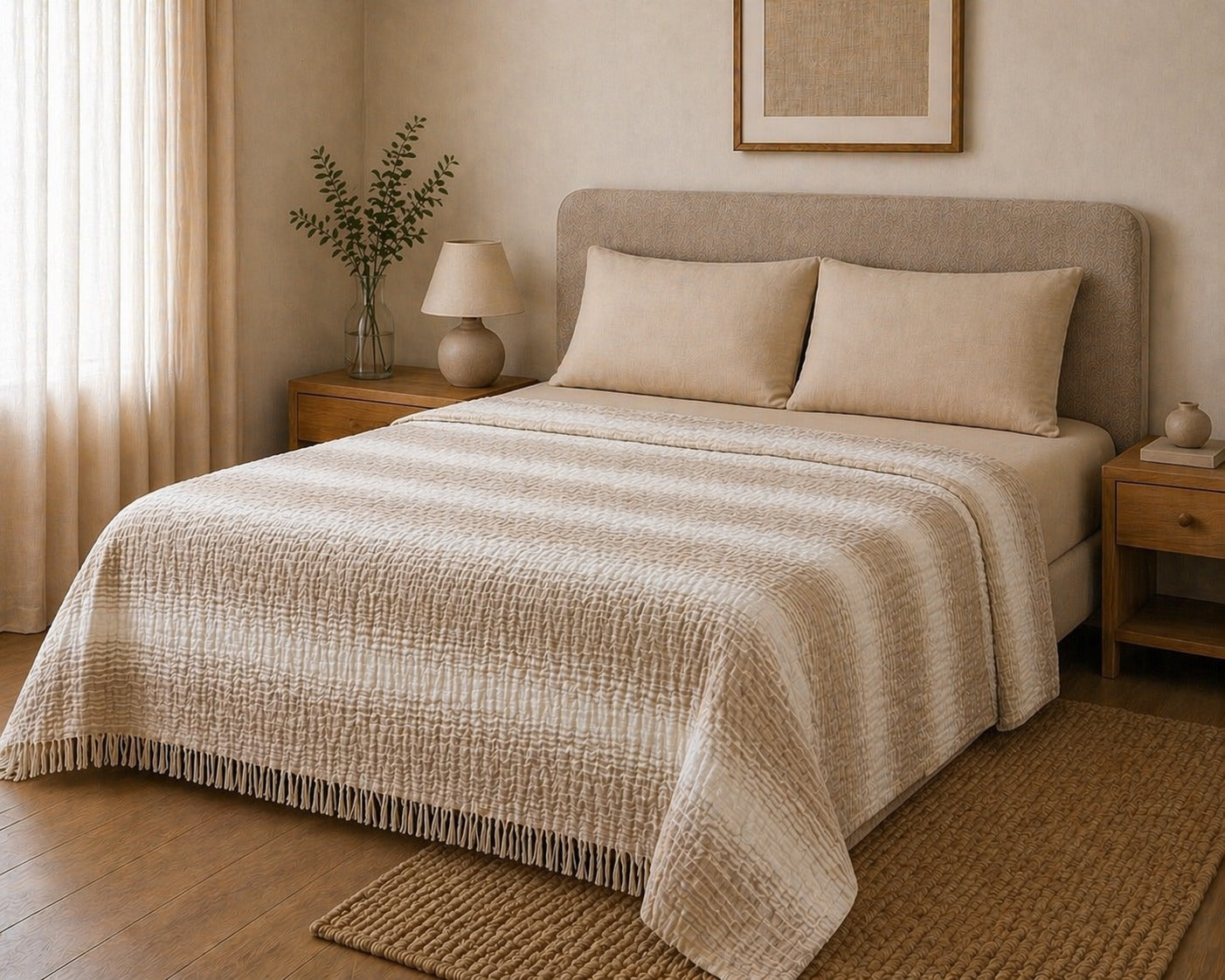 Sabia Daily %100 Pamuk Müslin Pike 4 Kat Çift Kişilik Pike & Yatak Örtüsü 230x250 cm - Bej Desenli Çizgili