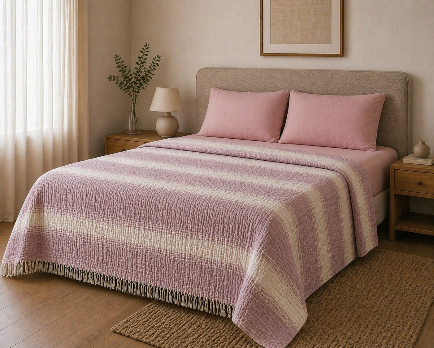Sabia Daily %100 Pamuk Müslin Pike 4 Kat Çift Kişilik Pike & Yatak Örtüsü 230x250 cm - Pembe Desenli Çizgili